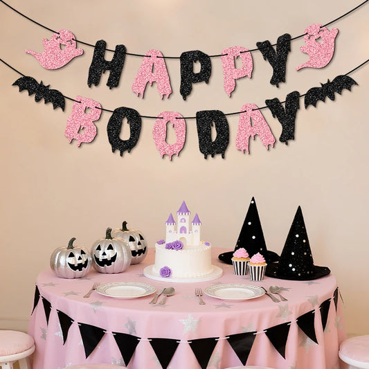 YOMDID Glitter Birthday Banner Happy Boo Day Party Banner Happy Letters Halloween Ghosts and Bats Happy Birthday Decorations Good Vibrations
