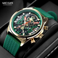 MEGIR Sport Quartz Watch Men Fashion Waterproof Chronograph Wristwatch with Date Olive Green Silicone Strap Luminous Hands 2235 Good Vibrations