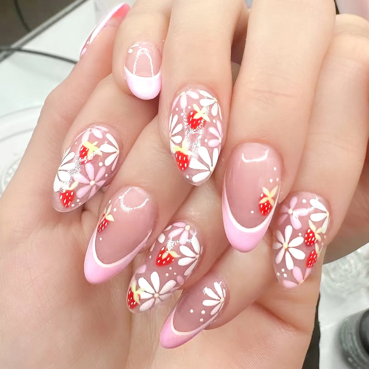 24pcs Short Glossy Oval Fake Nails Cute Sweet Strawberry Fake Nail Patch Wearable Full Cover for Girl Press on Nail Tips Good Vibrations