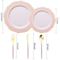 30Guest Pink Plates Disposable - Hign-End Baroque Design - Gold Plastic Silverware With Handle-Baroque Pink &Gold Plastic Good Vibrations