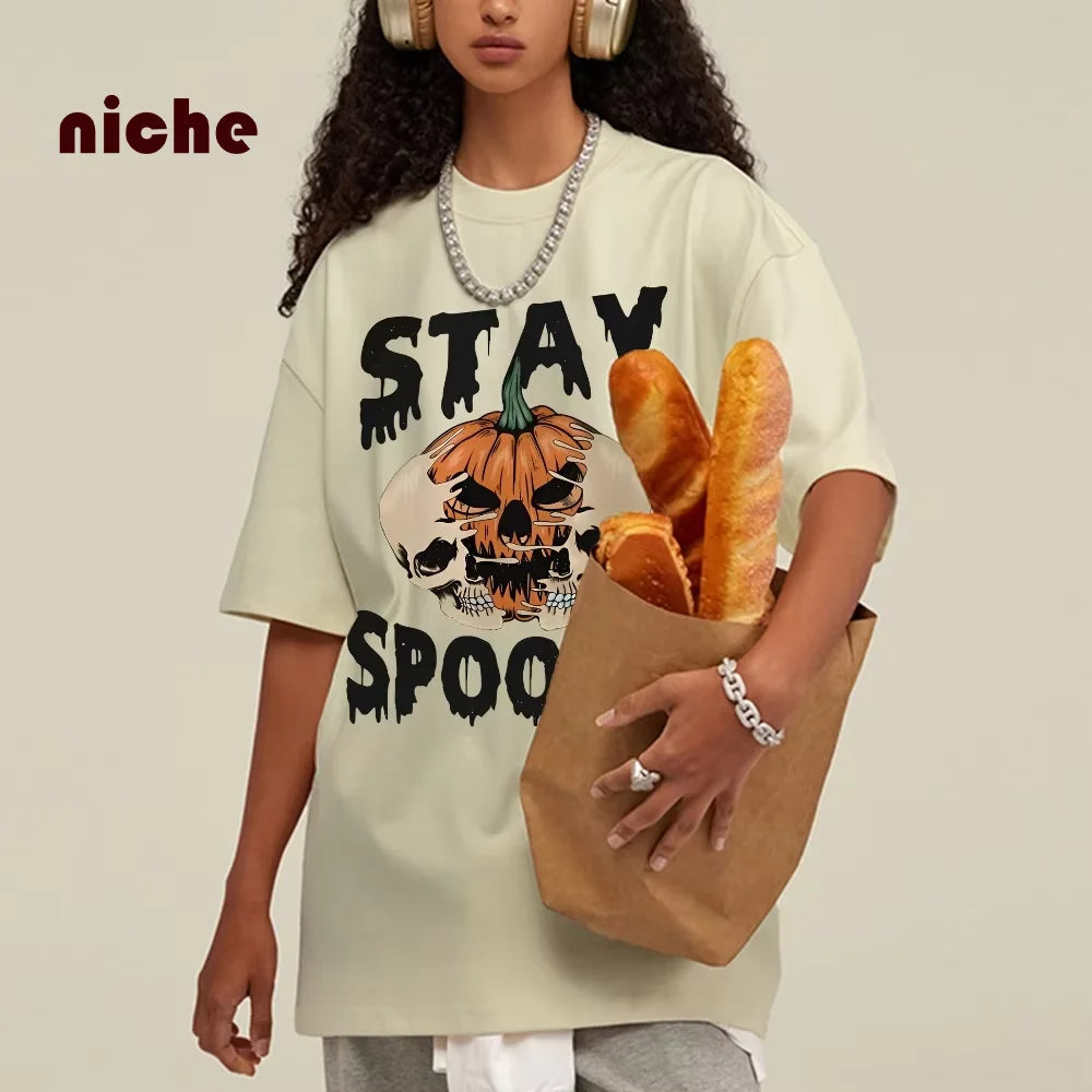 Neutral Style Retro Outfit T-Shirt Pure Cotton High Quality Pumpkin Letter Graphic Printing Fashion Trend Loose Short Sleeves Good Vibrations