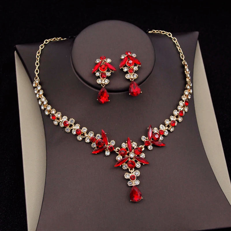 Red Bridal Jewelry Sets for Women Tiaras Crown Necklace Earrings Set Wedding Dress Bride Costume Accessories Good Vibrations
