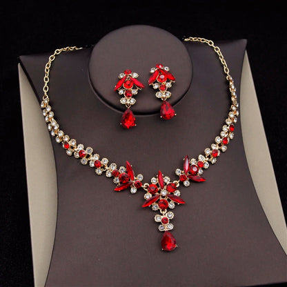 Red Bridal Jewelry Sets for Women Tiaras Crown Necklace Earrings Set Wedding Dress Bride Costume Accessories Good Vibrations