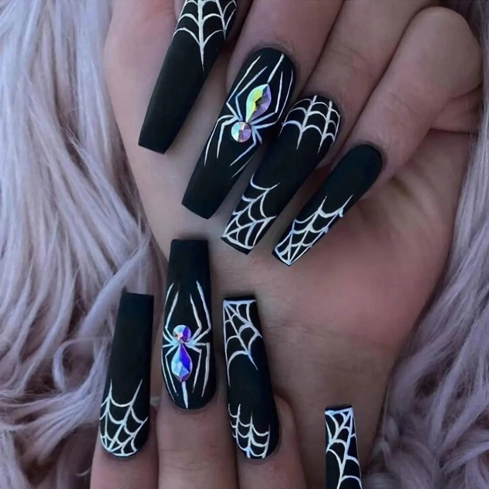 Halloween Fake Nails with 3D Metal Spider Designs Almond Black Red Press on Nails Women Girls Halloween Party False Nails 24Pcs Good Vibrations