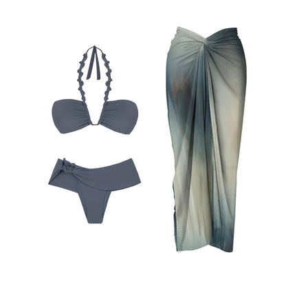 2Pcs Striped Swimsuit With Long Skirt Sexy Women Bikini Push Up Swimwear Halter Biquini Female Bathing Suit Slimming Beachwear Good Vibrations
