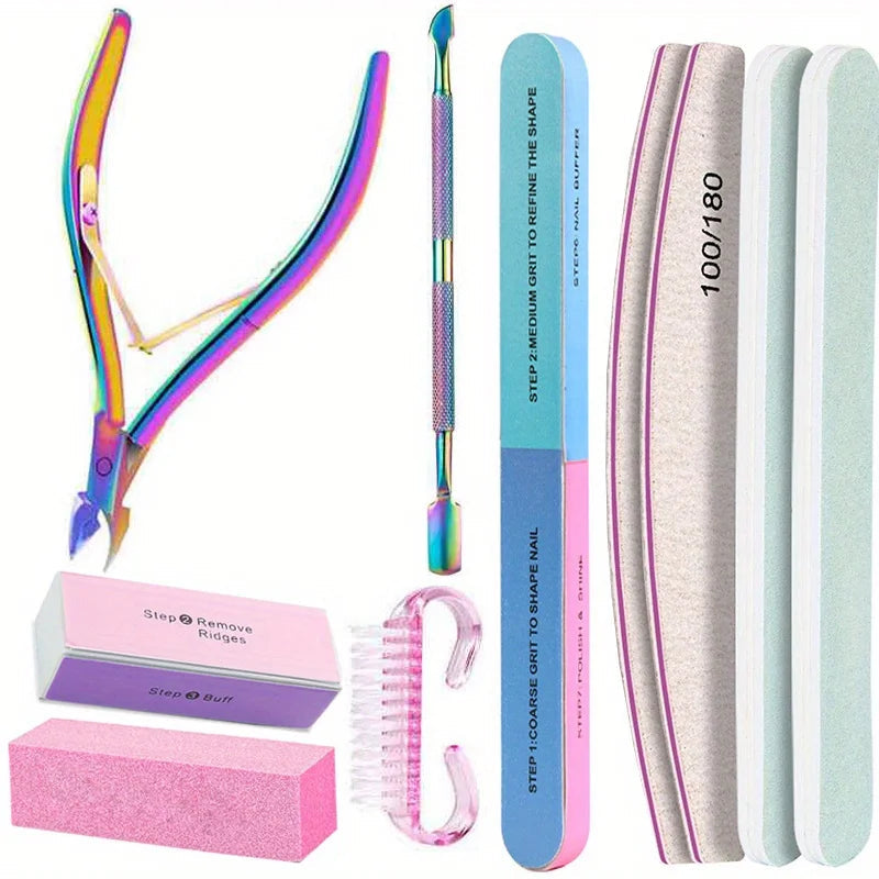 10Pcs/lot Nail Art 100/180 Grit Professional Files Buffer Sponge Block Brush Nail Scissors Kit With Cuticle Nipper Pushers Good Vibrations