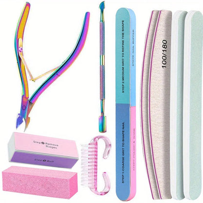 10Pcs/lot Nail Art 100/180 Grit Professional Files Buffer Sponge Block Brush Nail Scissors Kit With Cuticle Nipper Pushers Good Vibrations