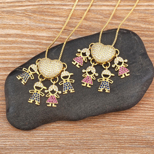 Nidin Fashion Hot Family Member Pendant Necklace Micro-Studded Zircon Love Heart Boy Girl Parent-Child Jewelry Mother's Day Gift Good Vibrations