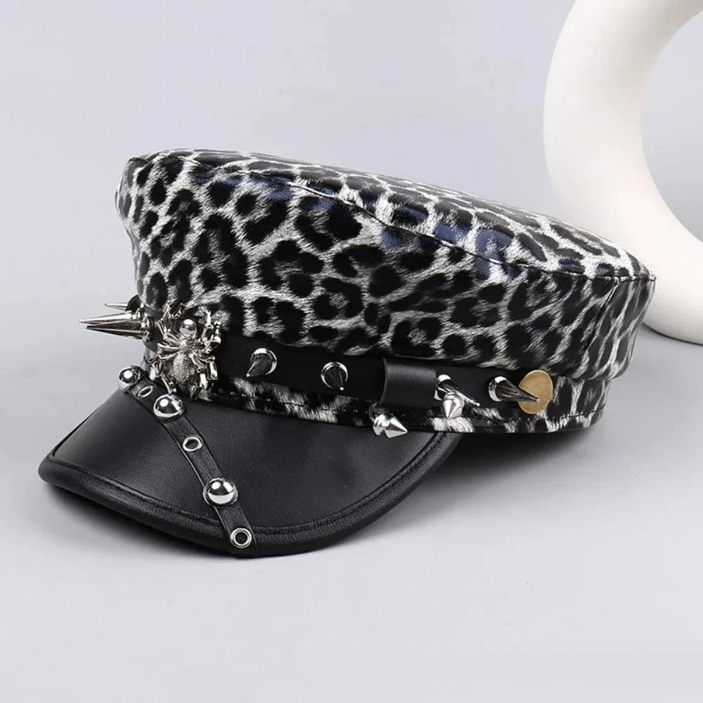 Retro Hip-hop Rivet Leopard Hat Harajuku Punk Y2k Beret Hat Gothic Silver Flat Top Cap for Girls Good Vibrations