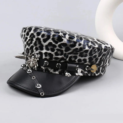 Retro Hip-hop Rivet Leopard Hat Harajuku Punk Y2k Beret Hat Gothic Silver Flat Top Cap for Girls Good Vibrations