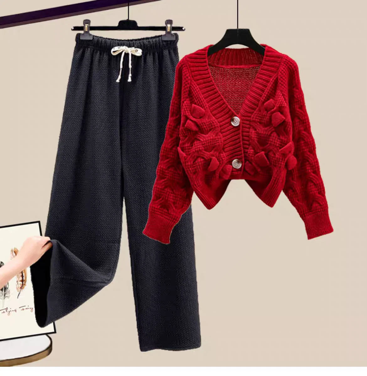 Two Piece Set For Women New In Sweater Matching Sets Korean Sweet Bow Outfit Long Sleeve Cardigan Knitwear Wide Leg Pants Set Good Vibrations