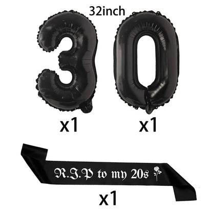 Black 30th Birthday Decorations Women or Men Death to My Twenties Banner Number 30 Balloons Rip to My Bitrthay Decorations Good Vibrations