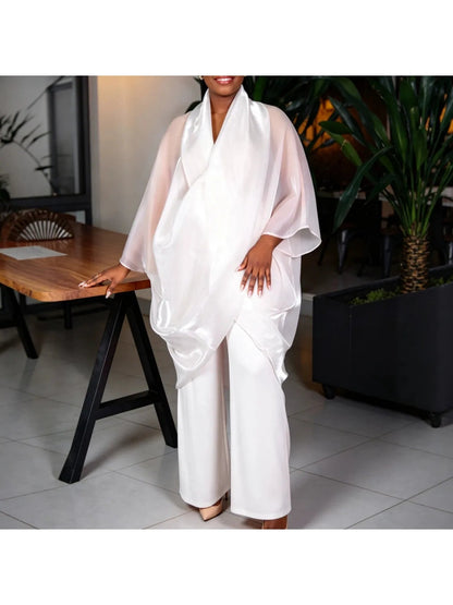 Women's Two-Piece Pant Set Satin Chiffon Outfit Draped Sheer Kimono Top and High Waist Wide Leg Pants Elegant Flowy Set Formal Good Vibrations
