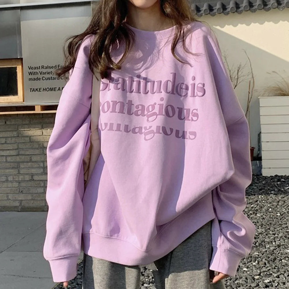 Women/Ladies/Girls Autumn Plus Velvet Letter Print Loose Long Sleeve Sweatshirt Fashion Pullover Casual Good Vibrations