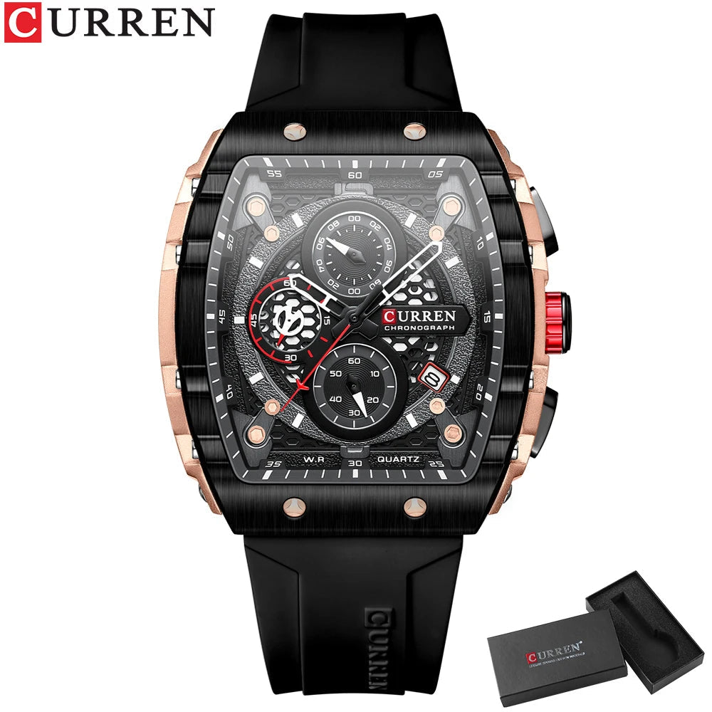 CURREN Sports Unique Rectangular Watches with Large Dial Casual Quartz Silicone Bands Wristwatches with Auto Date Good Vibrations