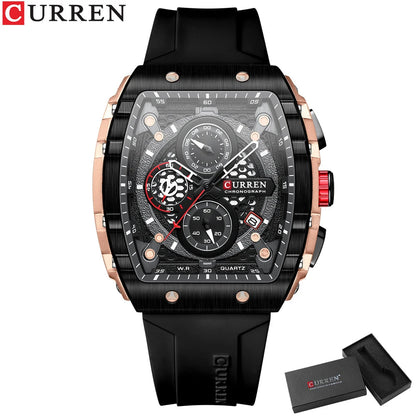 CURREN Sports Unique Rectangular Watches with Large Dial Casual Quartz Silicone Bands Wristwatches with Auto Date Good Vibrations