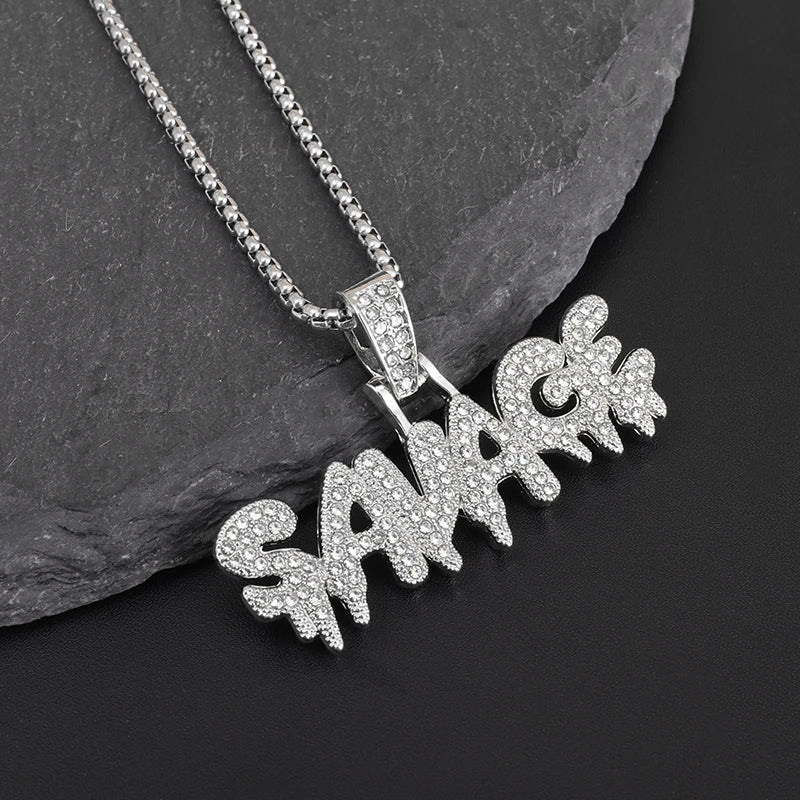Hip Hop Ice Out Square Crystal S-A-V-A-G-E Letter Pendant Necklace for Men and Women Street One Last Party Trendy Jewelry Gift Good Vibrations