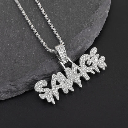 Hip Hop Ice Out Square Crystal S-A-V-A-G-E Letter Pendant Necklace for Men and Women Street One Last Party Trendy Jewelry Gift Good Vibrations