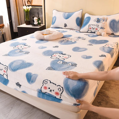 Queen Double Size Bed Sheet Polyester Elastic Fitted Sheet Velvet Soft Flannel Warm Mattress Cover King Full Twin Size Winter