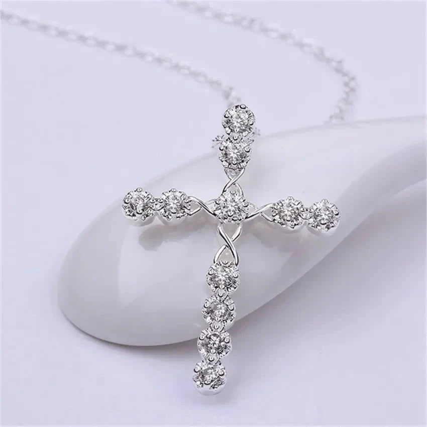 45cm 925 sterling silver Crystal Necklace wedding charms women lady noble Fashion Jewelry Classic Cross nice gift Good Vibrations