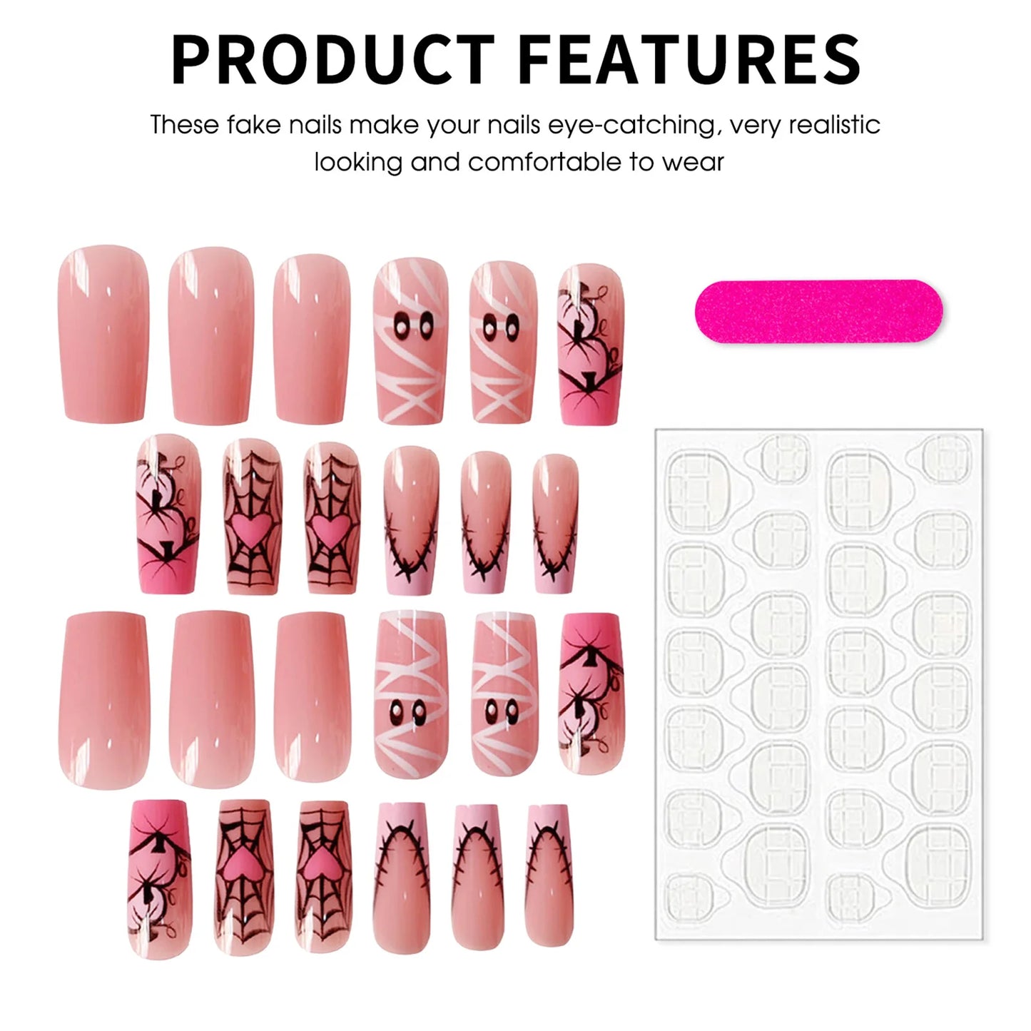 24pcs Sweet Cool Halloween False Nails Pink Medium Coffin French Fake Nails Bandage Ghost Spiderweb Pumpkin Design Press On Nail Good Vibrations