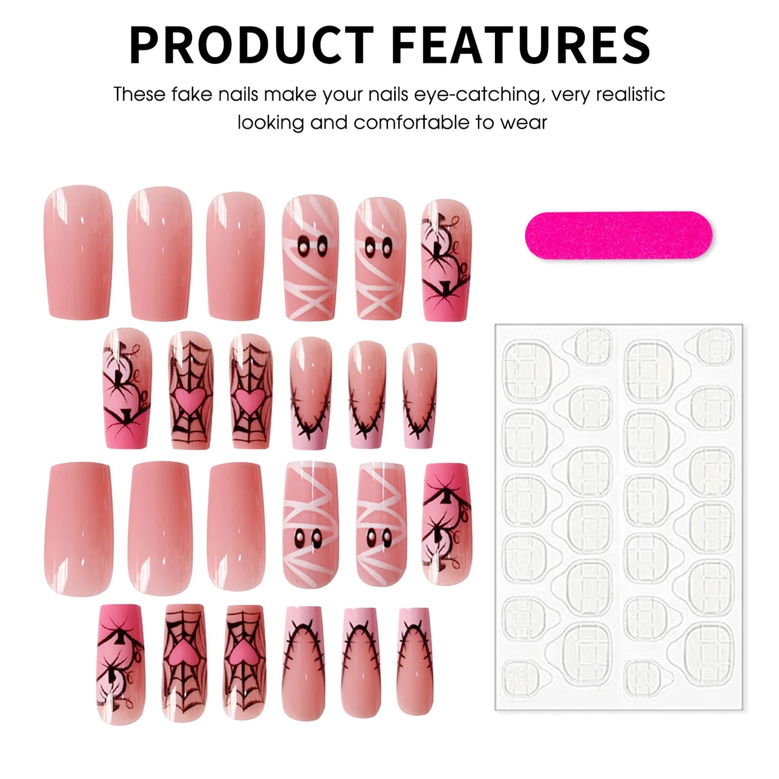 24pcs Sweet Cool Halloween False Nails Pink Medium Coffin French Fake Nails Bandage Ghost Spiderweb Pumpkin Design Press On Nail Good Vibrations