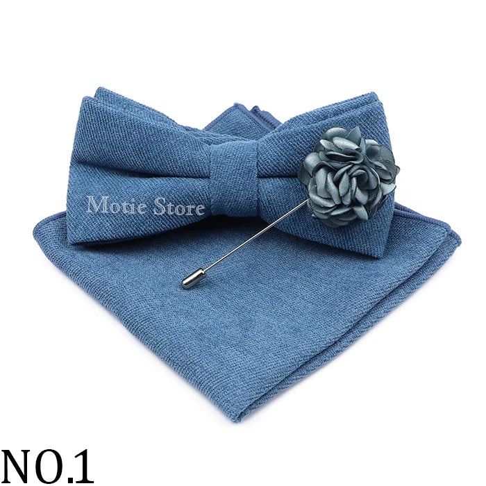 Mens Solid Color Cotton Bowtie Pocket Square Brooch Sets Pink Blue Super Soft Suede Bow Tie Handkerchief For Wedding Party Gift Good Vibrations