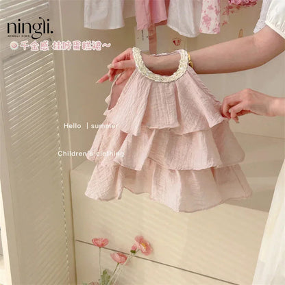 Girls Casual Dresses Summer New Children Clothing Sweet Vest Baby Cake 2024 Round Collar Fashion Soild Sweet Pink Good Vibrations