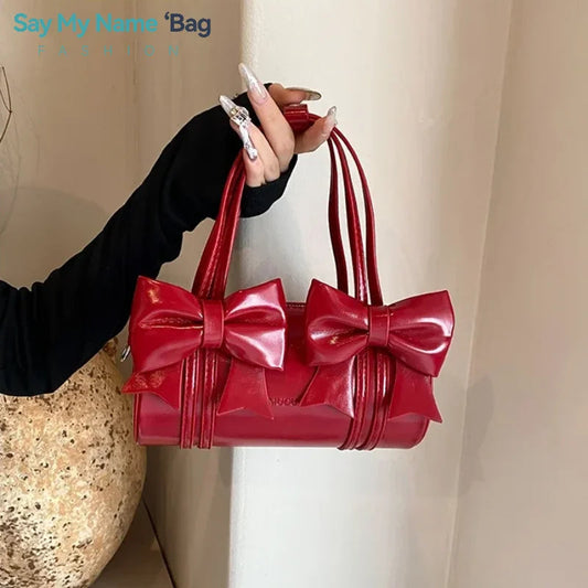 PU Leather  Exquisite Bow Glossy Boston Shoulder and Crossbody Bags Large Capacity Underarm Purse Suitable Various Occasion Good Vibrations