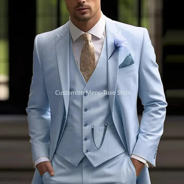 New Beige Suit Men Business Tuxedos Formal 3 Piece Set Jacket Vest Pants Single Breasted Groom Groomsman Prom Wedding Party Good Vibrations
