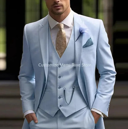 New Beige Suit Men Business Tuxedos Formal 3 Piece Set Jacket Vest Pants Single Breasted Groom Groomsman Prom Wedding Party Good Vibrations