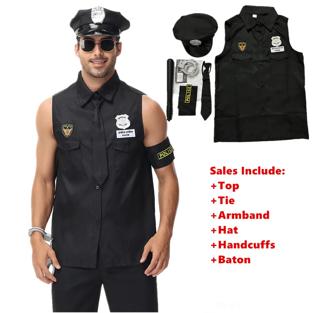 Halloween Costumes Handsome Men Police Uniform Top Purim Carnival Party Cosplay Cop Officer Fancy Clothing Good Vibrations