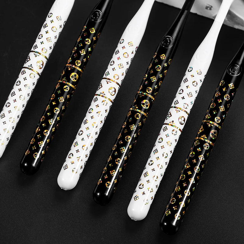 [6-Pcs Gift Boxes] New high-looking black gold printed small head household couple travel soft-bristle toothbrush Good Vibrations