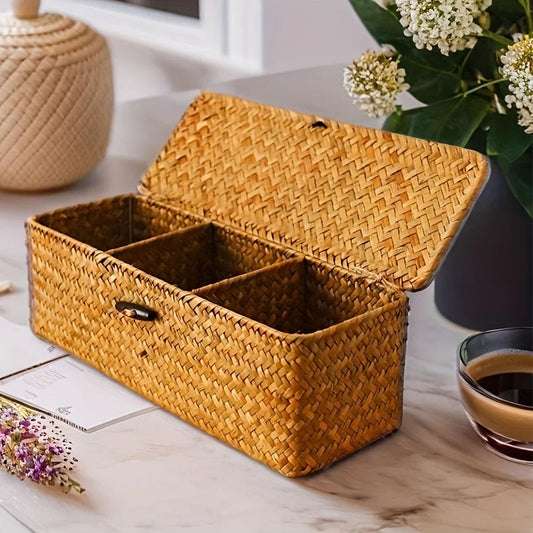 Partitioned Storage Box, Handcrafted Woven Storage Basket, Rectangular Vintage Shelf, for Home Organization Storage Containers Good Vibrations