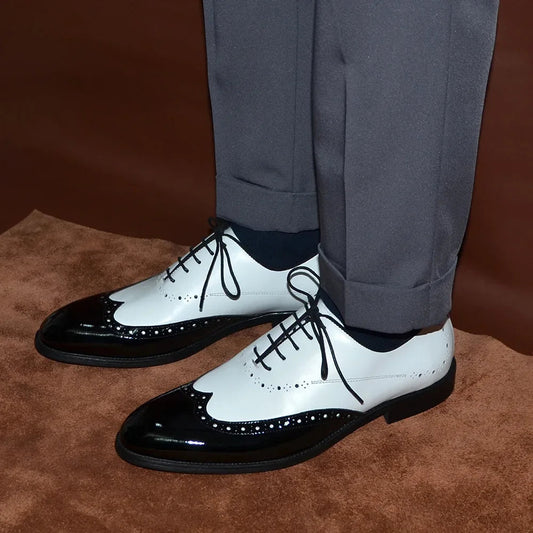Formal Oxfords Shoes for Men White Black Real Cow Patent Leather Business Lace-up Wingtip Toe Brogue Wedding Mens Dress Shoes Good Vibrations