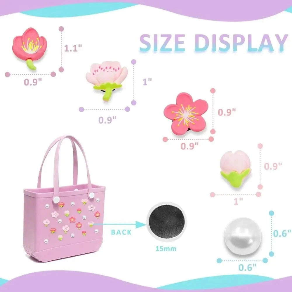 24Pcs Flowers and Pearls Charms for Bogg Bag Compatible with Women Rubber Beach Bag Tote Handbag Decoration Good Vibrations