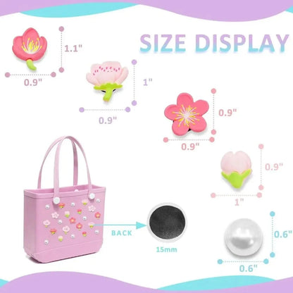 24Pcs Flowers and Pearls Charms for Bogg Bag Compatible with Women Rubber Beach Bag Tote Handbag Decoration Good Vibrations