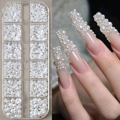 12grids Half Round Pearls Beads 3D Nail Charms 1.5/2/2.5/3/4/5mm White Flatback Pearls Nail Jewelry Nail Craft Pearl Rhinestones Good Vibrations