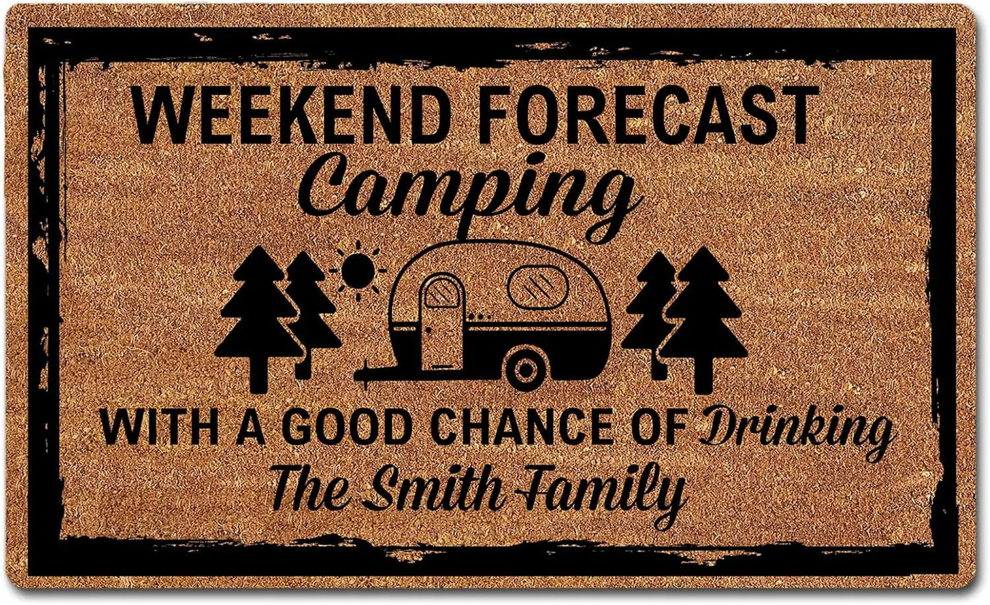 Camper Door Mat Personalized Family Name "Weekend Forecast Camping With A Good Chance Of Drinking"Quote Rubber Doormat Good Vibrations