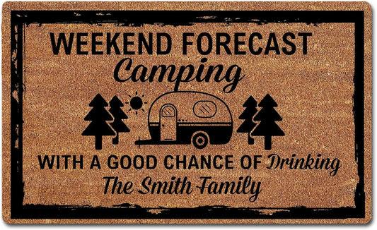 Camper Door Mat Personalized Family Name "Weekend Forecast Camping With A Good Chance Of Drinking"Quote Rubber Doormat Good Vibrations