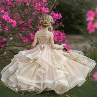 Customized Flower Girl Dress Champagne Sleeveless Tiered Tulle Applique Fit Wedding Princess Dress Holy Communion Birthday Gowns Good Vibrations