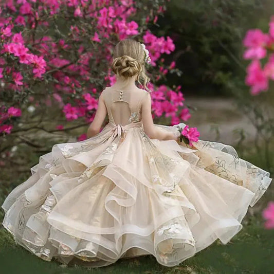 Customized Flower Girl Dress Champagne Sleeveless Tiered Tulle Applique Fit Wedding Princess Dress Holy Communion Birthday Gowns Good Vibrations