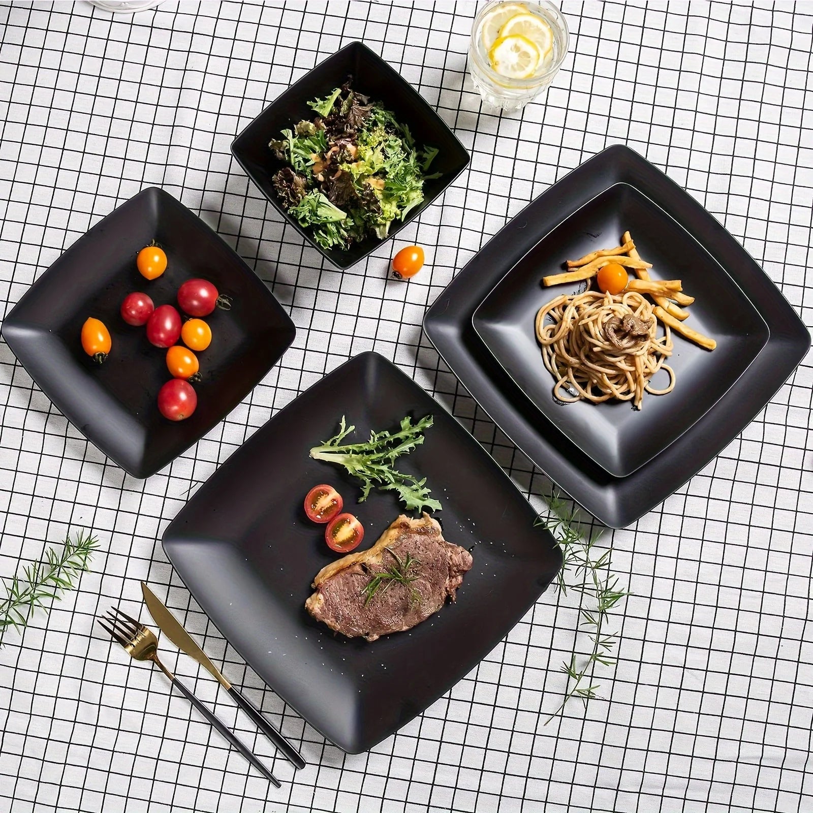 16-Piece Square Dinnerware Set - Heavy Duty Ceramic Plates, Bowls, Cups | Dishwasher & Microwave Safe for Everyday Use Good Vibrations