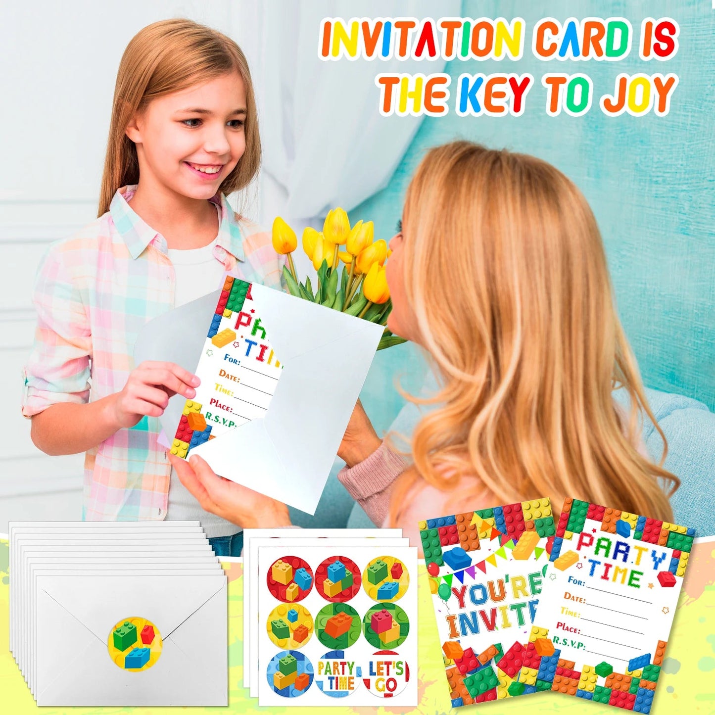 Building Blocks Birthday Invitations, Brick Party Invitation Card Building Birthday Invites with Stickers & Envelopes(24 Guests) Good Vibrations