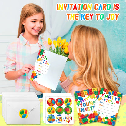 Building Blocks Birthday Invitations, Brick Party Invitation Card Building Birthday Invites with Stickers & Envelopes(24 Guests) Good Vibrations