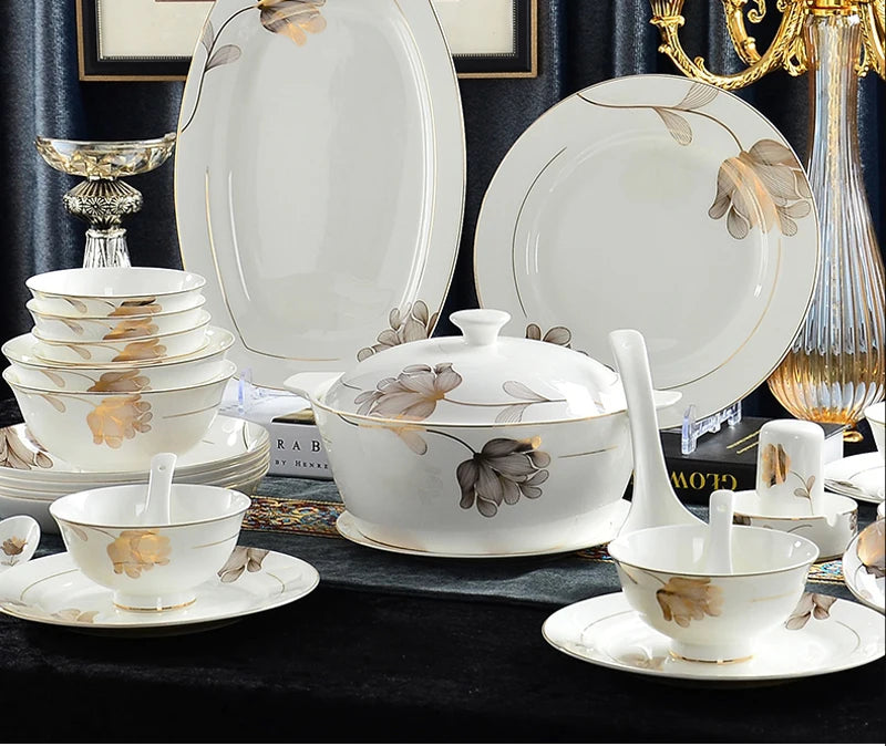 46pcs set, find bone china dinnerware set, gold leaf design, pocelain korean kitchen, christmas plate set, gold dinner plate set Good Vibrations