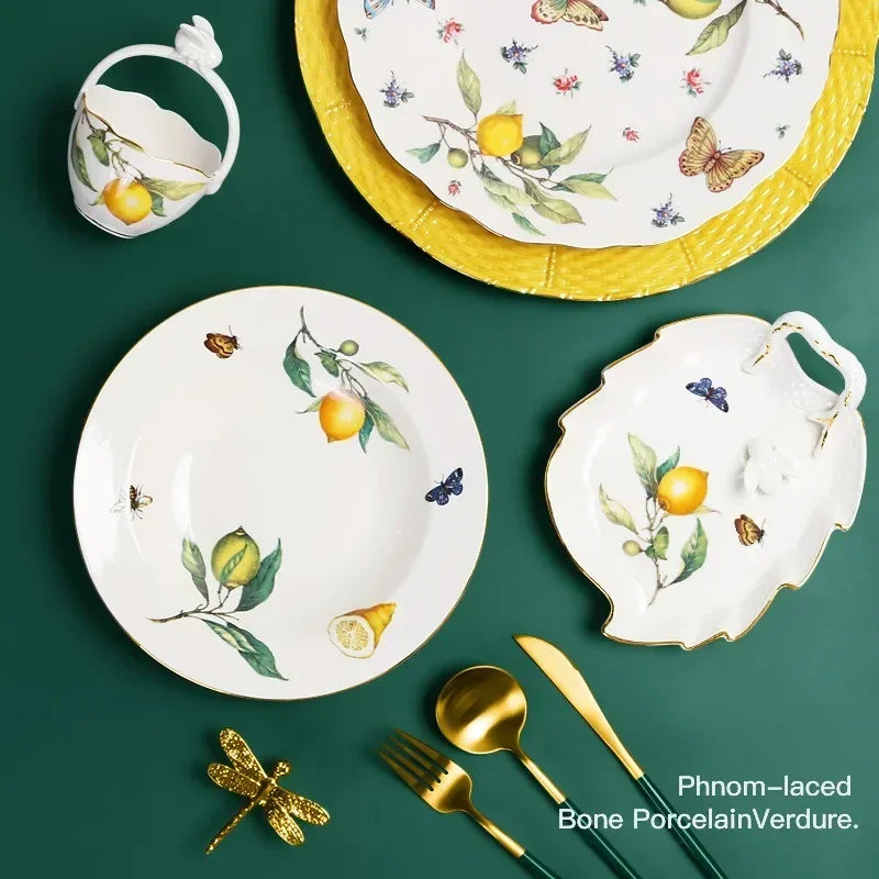 Europeanc Style Ceramic Dining Plate Elegant Lemon Pattern Dinner Steak Plate Coffee Cup Set Western Cuisine Dessert Plate Good Vibrations