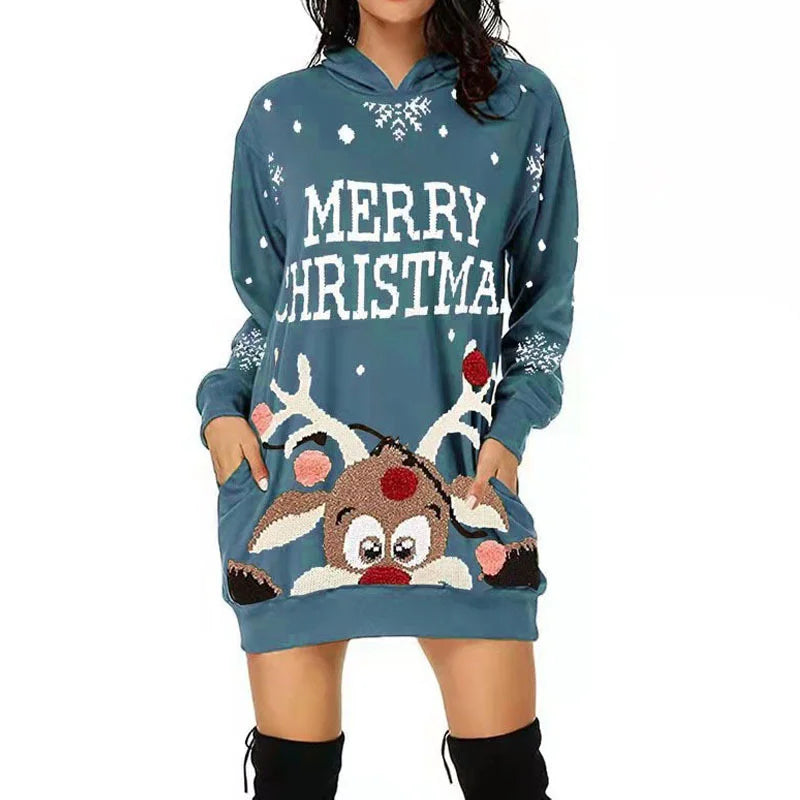Plus Size Women's Casual Christmas Printed Long Sleeve Pocket Hooded Sweatshirt Loose Dresses Good Vibrations