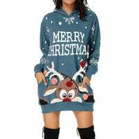 Plus Size Women's Casual Christmas Printed Long Sleeve Pocket Hooded Sweatshirt Loose Dresses Good Vibrations