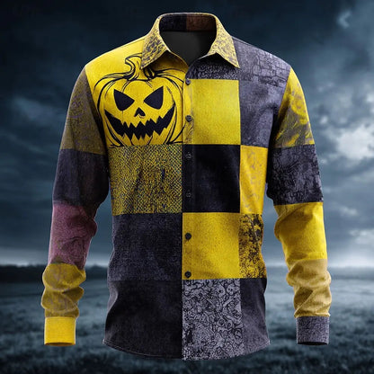 Halloween Costumes Men's Color Block Pumpkin Patchwork Shirt Button Up Shirt Long Sleeve Casual Outdoor 3D Print Collared Shirt Good Vibrations
